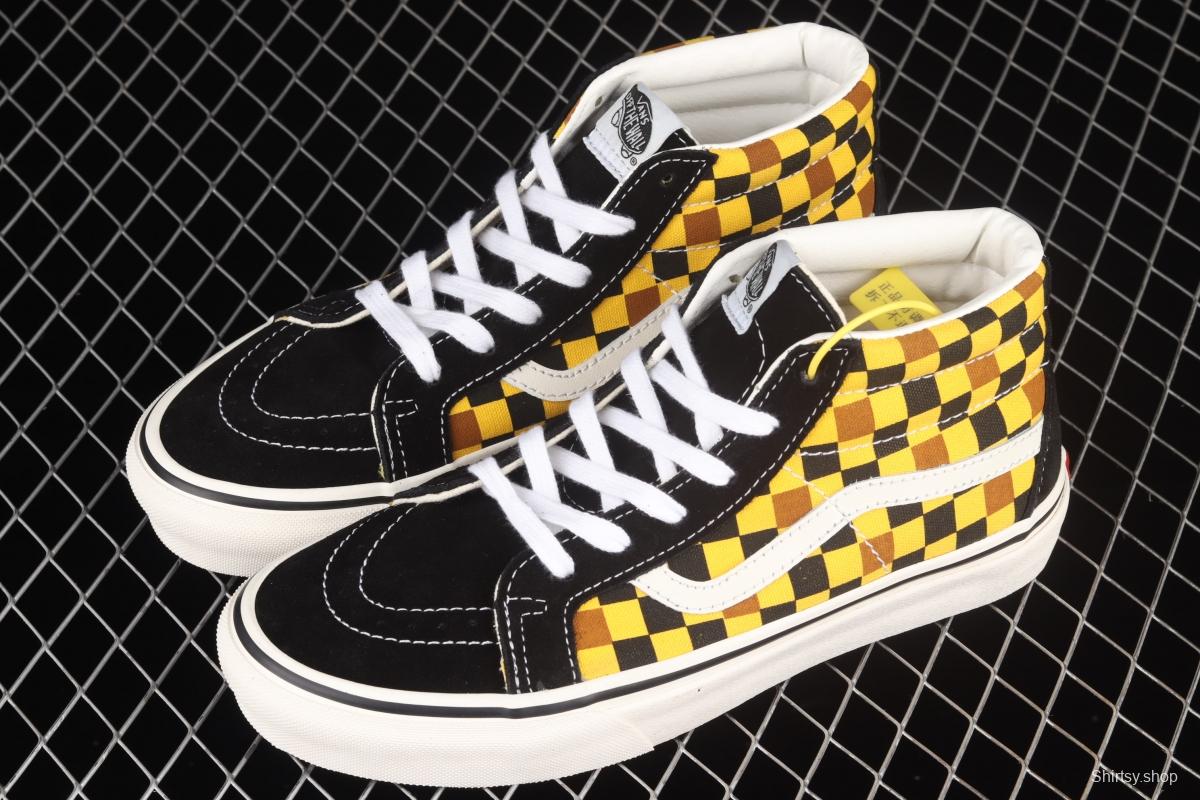 Vans Sk8-Mid Vance black, blue, orange and yellow plaid casual board shoes VN0A3WM3SW1